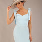brunette model wearing a diva catwalk Philippa Pencil Wiggle Dress sleeveless style, tie detail on the shoulders knee length and sweetheart neckline in sky blue colour front with hat