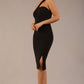 Model wearing a divacatwalk Sofia Pencil Dress knee length front side vent with diagonal halter neck in black colour front