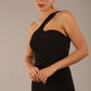 Model wearing a divacatwalk Sofia Pencil Dress knee length front side vent with diagonal halter neck in black colour front