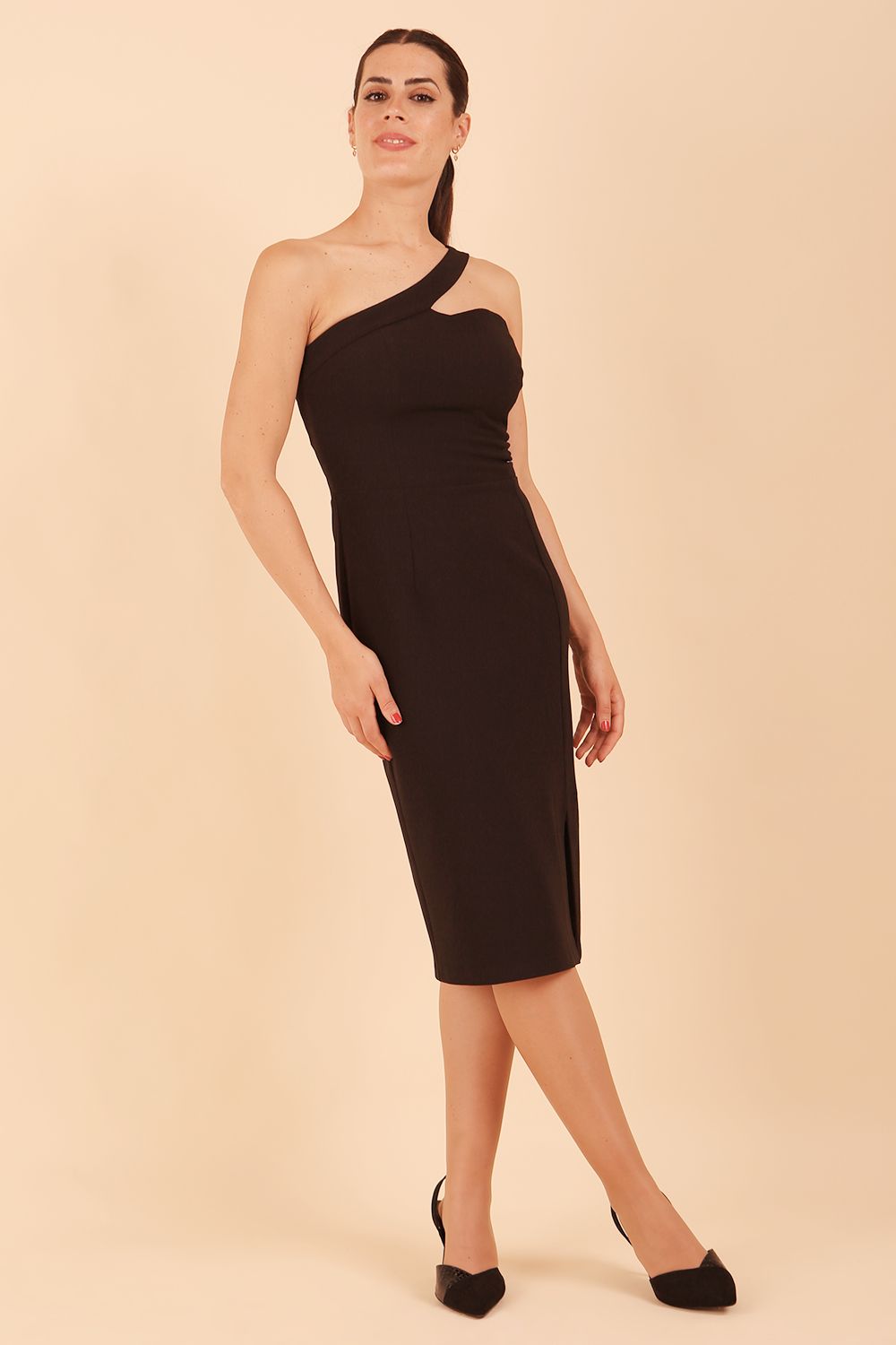 Model wearing a divacatwalk Sofia Pencil Dress knee length front side vent with diagonal halter neck in black colour front