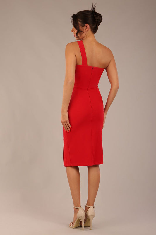Model wearing a divacatwalk Sofia Pencil Dress knee length front side vent with diagonal halter neck in passion red back