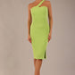 Model wearing a divacatwalk Sofia Pencil Dress knee length front side vent with diagonal halter neck in lime green front