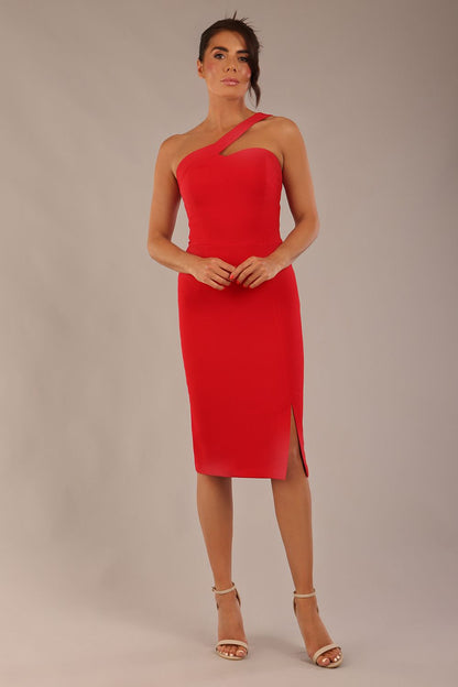 Model wearing a divacatwalk Sofia Pencil Dress knee length front side vent with diagonal halter neck in passion red front