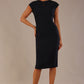 brunette model is wearing a diva catwalk Claire Cap Sleeve Pencil Dress cap sleeve with round neckline with v-slit and knee length indark navy colour front