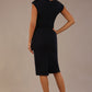 brunette model is wearing a diva catwalk Claire Cap Sleeve Pencil Dress cap sleeve with round neckline with v-slit and knee length indark navy colour back