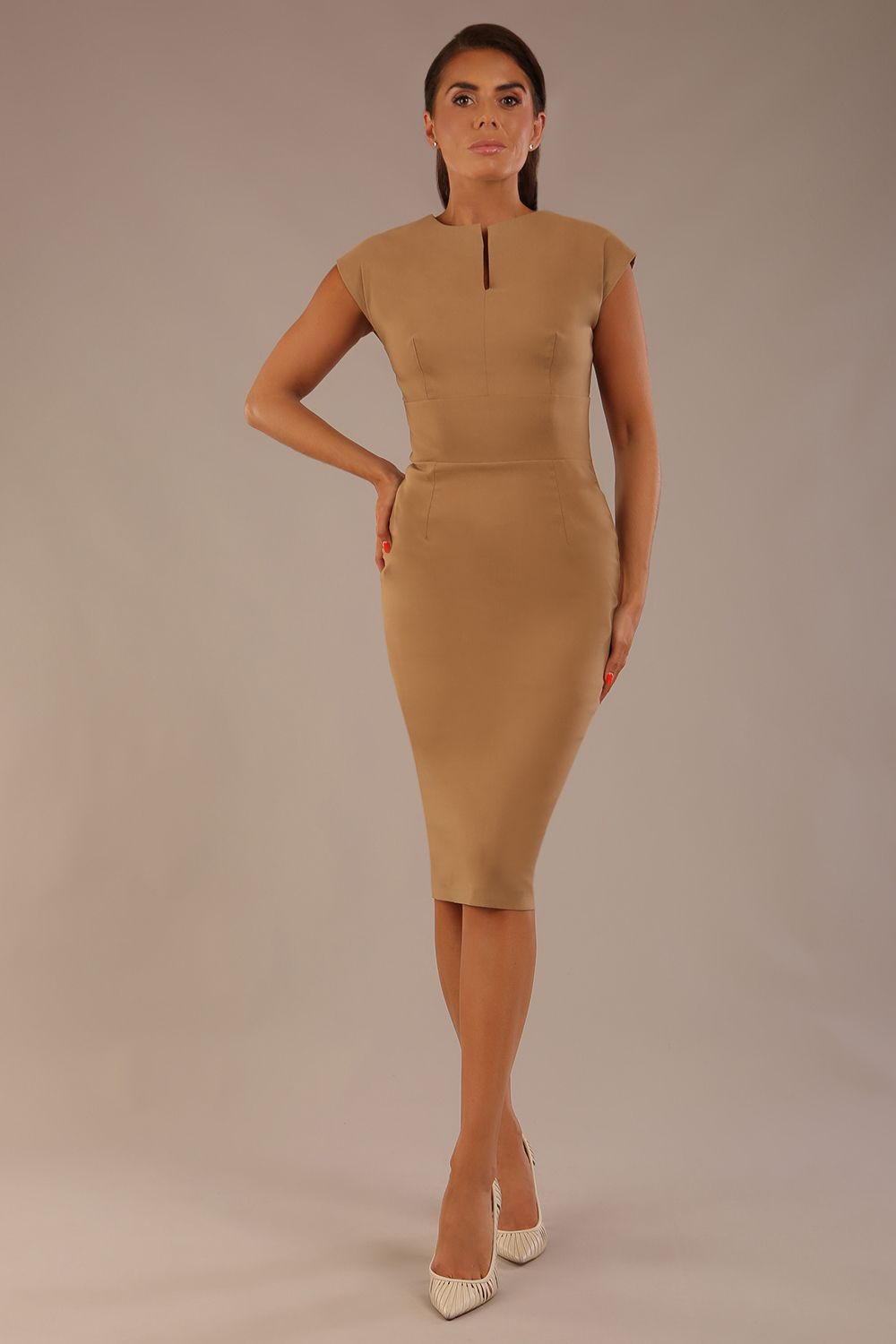 brunette model is wearing a diva catwalk Claire Cap Sleeve Pencil Dress cap sleeve with round neckline with v-slit and knee length in tannin brown colour front