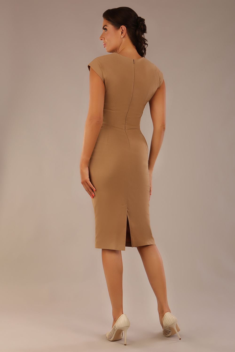 brunette model is wearing a diva catwalk Claire Cap Sleeve Pencil Dress cap sleeve with round neckline with v-slit and knee length in tannin brown colour back