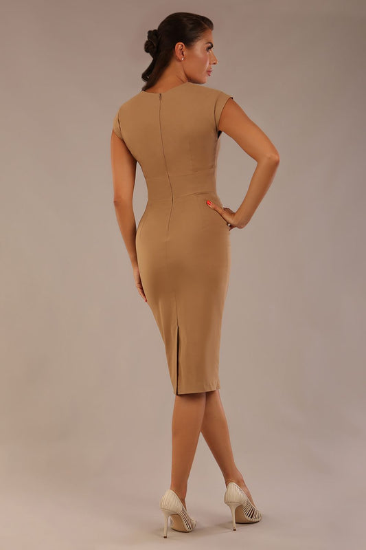 brunette model is wearing a diva catwalk Claire Cap Sleeve Pencil Dress cap sleeve with round neckline with v-slit and knee length in tannin brown colour back