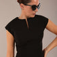 model wearing a diva catwalk Claire Cap Sleeve Pencil Dress cap sleeve with round neckline with v-slit and knee length in black colour front close up