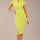 model wearing a diva catwalk Claire Cap Sleeve Pencil Dress cap sleeve with round neckline with v-slit and knee length in lime green colour front