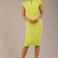 brunette model is wearing a diva catwalk Claire Cap Sleeve Pencil Dress cap sleeve with round neckline with v-slit and knee length in lime green colour front