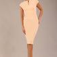 brunette model is wearing a diva catwalk Claire Cap Sleeve Pencil Dress cap sleeve with round neckline with v-slit and knee length in tropical peach colour front