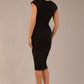 brunette model is wearing a diva catwalk Claire Cap Sleeve Pencil Dress cap sleeve with round neckline with v-slit and knee length in black colour back