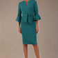 brunette model is wearing a diva catwalk Hobson ruffled sleeves Pencil Dress with tie waistband knee length in Teal Green colour front