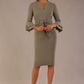 brunette model is wearing a diva catwalk Hobson ruffled sleeves Pencil Dress with tie waistband knee length in Castlerock Grey colour front