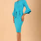 model wearing a diva catwalk Hobson ruffled sleeves Pencil Dress in Azure Blue colour