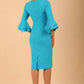 model wearing a diva catwalk Hobson ruffled sleeves Pencil Dress in Azure Blue colour