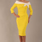 brunette Model is wearing a Rosalind Off Shoulder Bow Detail Pencil Dress 3/4 sleeve in Blazing Yellow / Ivory cream contrast front image (Blazing Yellow / Ivory)