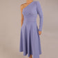 model wearing a diva catwalk Beverley One Shoulder A-line Dress in ribbed super stretch fabric and one long sleeve a-line skirt midi length in vista blue colour front