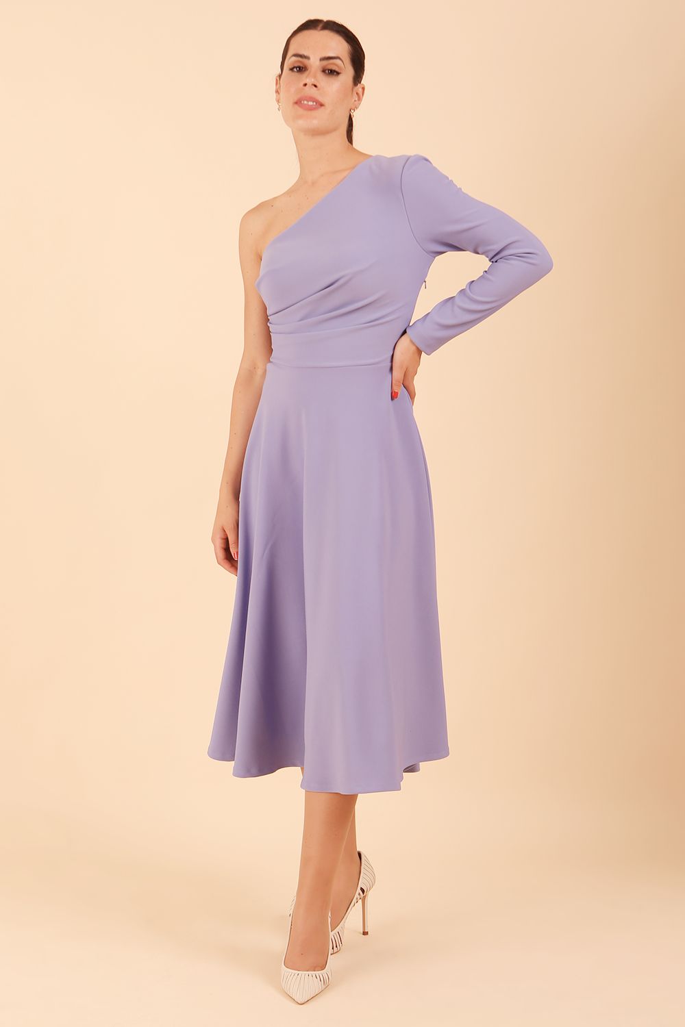 model wearing a diva catwalk Beverley One Shoulder A-line Dress in ribbed super stretch fabric and one long sleeve a-line skirt midi length in vista blue colour front