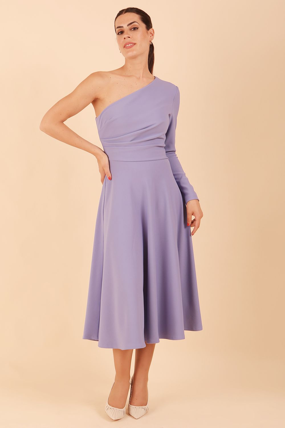 model wearing a diva catwalk Beverley One Shoulder A-line Dress in ribbed super stretch fabric and one long sleeve a-line skirt midi length in vista blue colour front