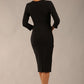 model wearing a diva catwalk pleated shoulder detail of the SEED Addison pencil dress (Black)