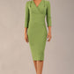 model wearing a diva catwalk pleated shoulder detail of the SEED Addison pencil dress (Citrus Green)