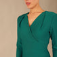 Close-up of the pleated V-neckline on the SEED Addison dress in pacific green (Pacific Green)