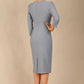 model wearing a diva catwalk pleated shoulder detail of the SEED Addison pencil dress (Steel Blue)