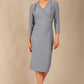 model wearing a diva catwalk pleated shoulder detail of the SEED Addison pencil dress (Steel Blue)