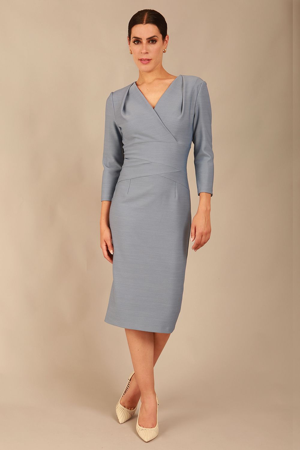 model wearing a diva catwalk pleated shoulder detail of the SEED Addison pencil dress (Steel Blue)