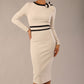  Model wearing the diva catwalk SEED Bethany bow detail pencil dress in sandy cream with black trim (Sandy Cream / Black)