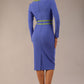 model wearing a diva catwalk SEED Bethany pencil dress in thistle blue with contrasting citrus green trim and bow (Thistle Blue / Citrus Green)