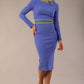 model wearing a diva catwalk SEED Bethany pencil dress in thistle blue with contrasting citrus green trim and bow (Thistle Blue / Citrus Green)