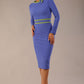 model wearing a diva catwalk SEED Bethany pencil dress in thistle blue with contrasting citrus green trim and bow (Thistle Blue / Citrus Green)