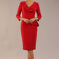 A woman modeling the diva catwalk  SEED Dolores cascade ruffle pencil dress in salsa red with a v-neckline and concealed zip at the back (Salsa Red)