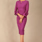 Model wearing the diva catwalk SEED Cicely rosette cuff pencil dress highlighting the asymmetric pleated waist and sculpted fit (Amethyst Purple)