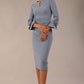 Model wearing the diva catwalk SEED Cicely rosette cuff pencil dress highlighting the asymmetric pleated waist and sculpted fit (Steel Blue)