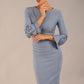 Model wearing the diva catwalk SEED Cicely rosette cuff pencil dress highlighting the asymmetric pleated waist and sculpted fit (Steel Blue)