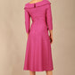 A model wearing a diva catwalk SEED Chrysanta sculptural collar dress in magenta mist 3/4 sleeve A-line dress with a round neckline and concealed zip at the back (Magenta Mist)