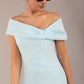 model is wearing a diva catwalk Mariposa Longer Length Dress off the shoulder bardot neckline and midaxi length in sky blue colour close up