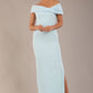 brunette model is wearing a diva catwalk Mariposa Longer Length Dress off the shoulder bardot neckline and midaxi length in sky blue colour front image