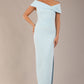 brunette model is wearing a diva catwalk Mariposa Longer Length Dress off the shoulder bardot neckline and midaxi length in sky blue colour front image