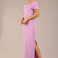 brunette model is wearing a diva catwalk Mariposa Longer Length Dress off the shoulder bardot neckline and midaxi length in sheer lilac colour front image