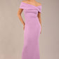 brunette model is wearing a diva catwalk Mariposa Longer Length Dress off the shoulder bardot neckline and midaxi length in sheer lilac colour front image