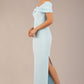 brunette model is wearing a diva catwalk Mariposa Longer Length Dress off the shoulder bardot neckline and midaxi length in sky blue colour front image