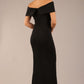 brunette model is wearing a diva catwalk Mariposa Longer Length Dress off the shoulder bardot neckline and midaxi length in black colour back image