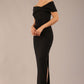 brunette model is wearing a diva catwalk Mariposa Longer Length Dress off the shoulder bardot neckline and midaxi length in black colour front image