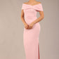 brunette model is wearing a diva catwalk Mariposa Longer Length Dress off the shoulder bardot neckline and midaxi length in crystal pink colour front image