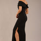 brunette model is wearing a diva catwalk Mariposa Longer Length Dress off the shoulder bardot neckline and midaxi length in black colour back image
